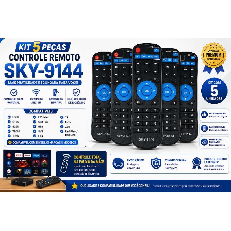 Kit 5 Peças Controle Remoto Universal Prosb - 3000 | Infokit | Pró Eletronic | Red One - Envio Rapido