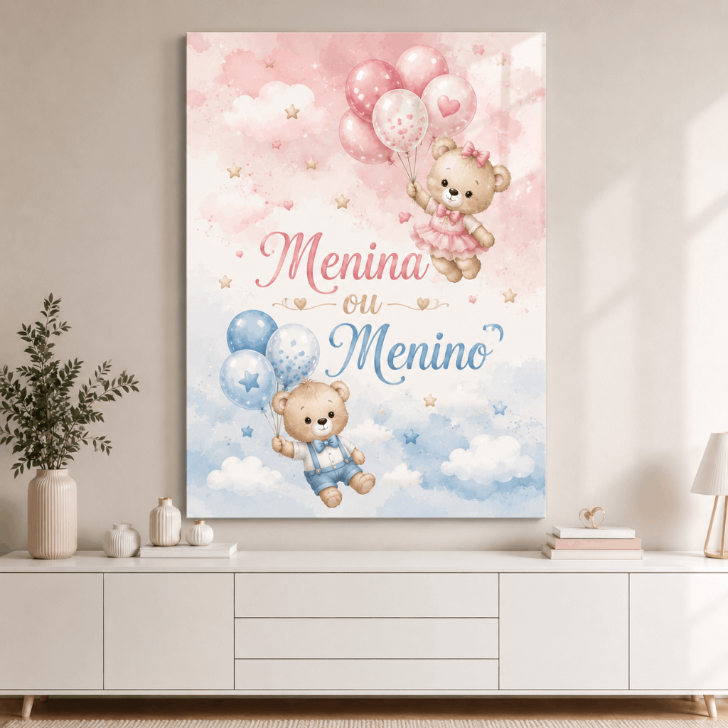 Quadro Decorativo Chá Revelação Menina ou Menino Ursinhos Balões Nuvens Infantil