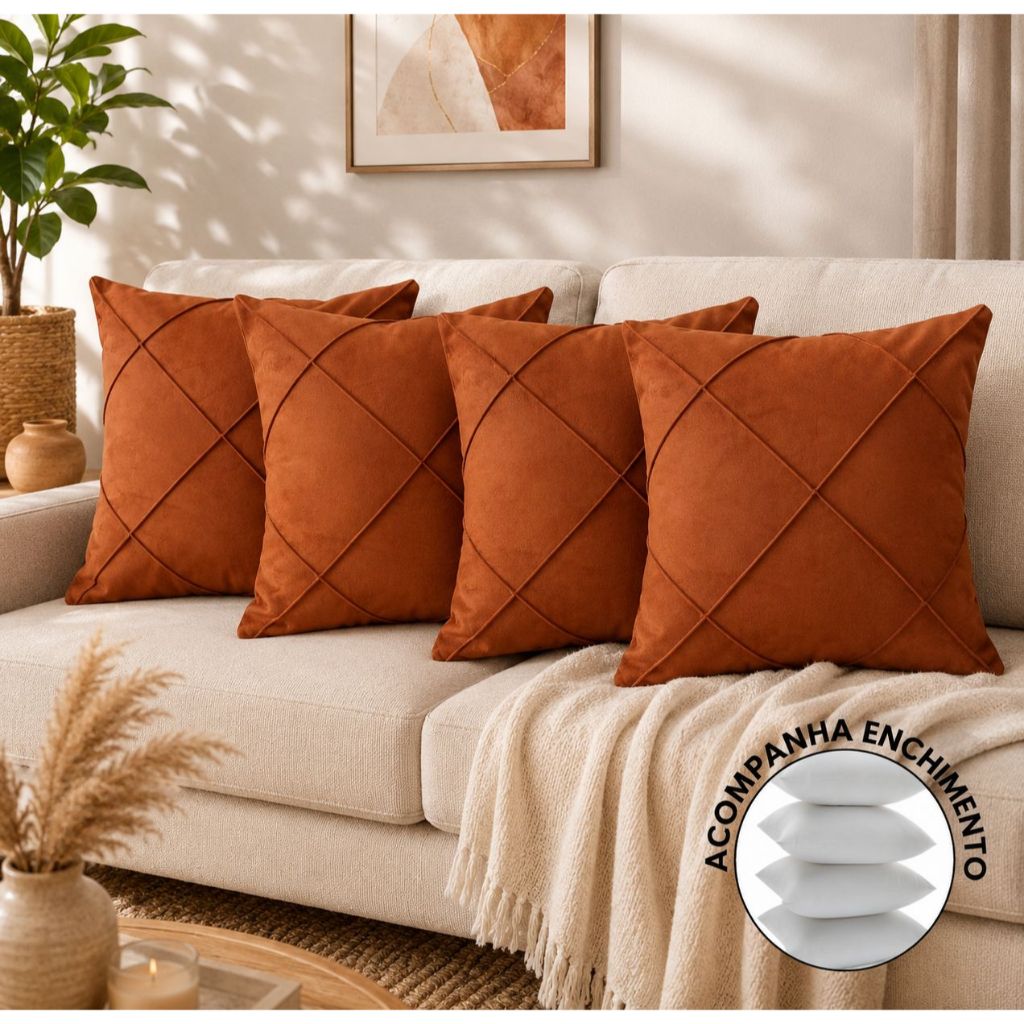 KIT 04 ALMOFADAS DECORATIVAS CHEIAS SUEDE DRAPEADO 40X40cm p\QUARTO SALA OU SOFÁ
