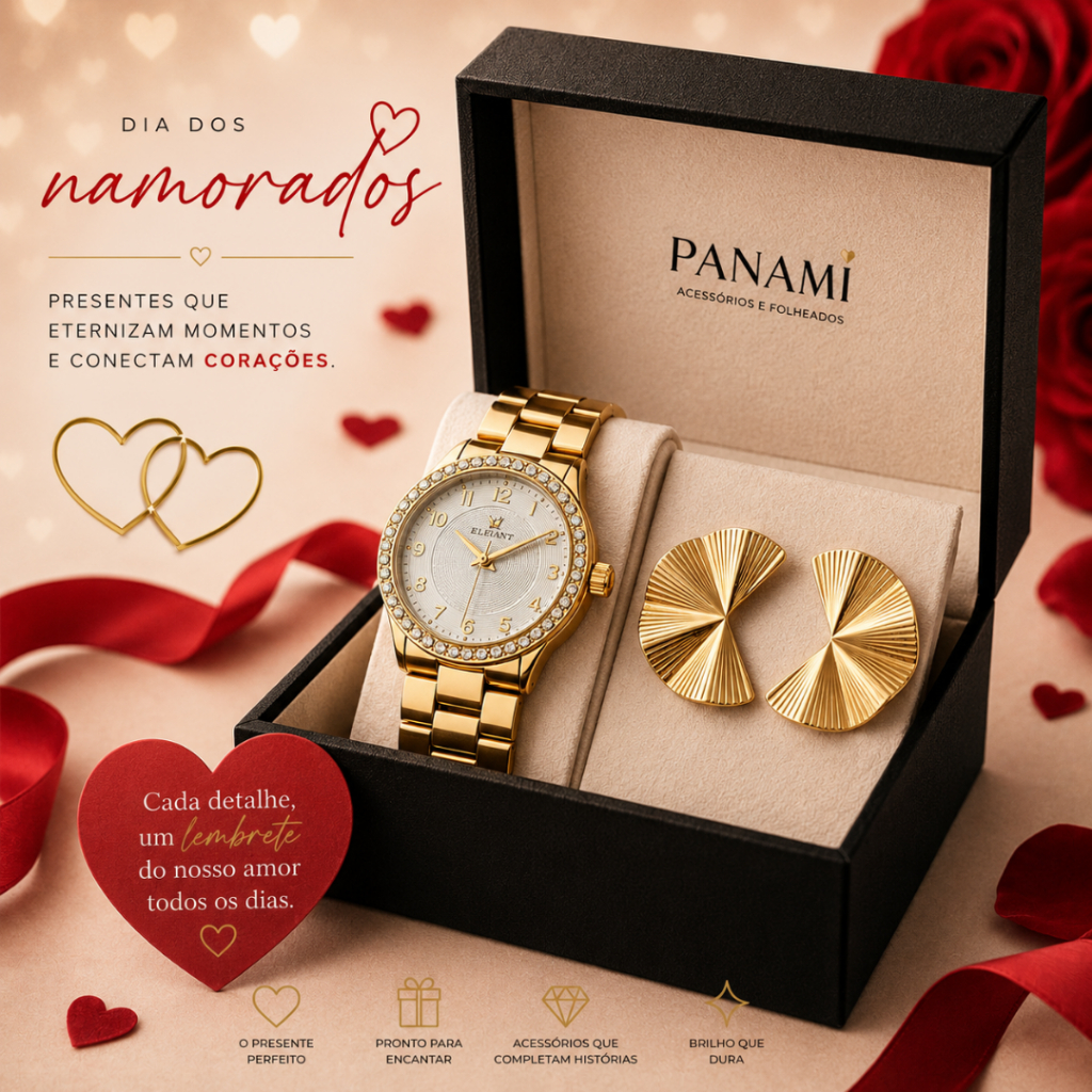 Kit Relógio Feminino Dourado Luxo + Brinco leque Elegante | Presente Dia das Mães Panami
