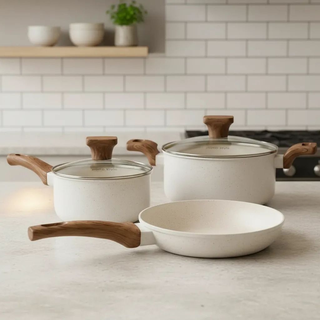 Kit Jogo De Panelas 3 Pçs Frigideira Caçarola Antiaderente Ceramica Fogão Indução Elétrico Cook Top Tampa De Vidro Chic