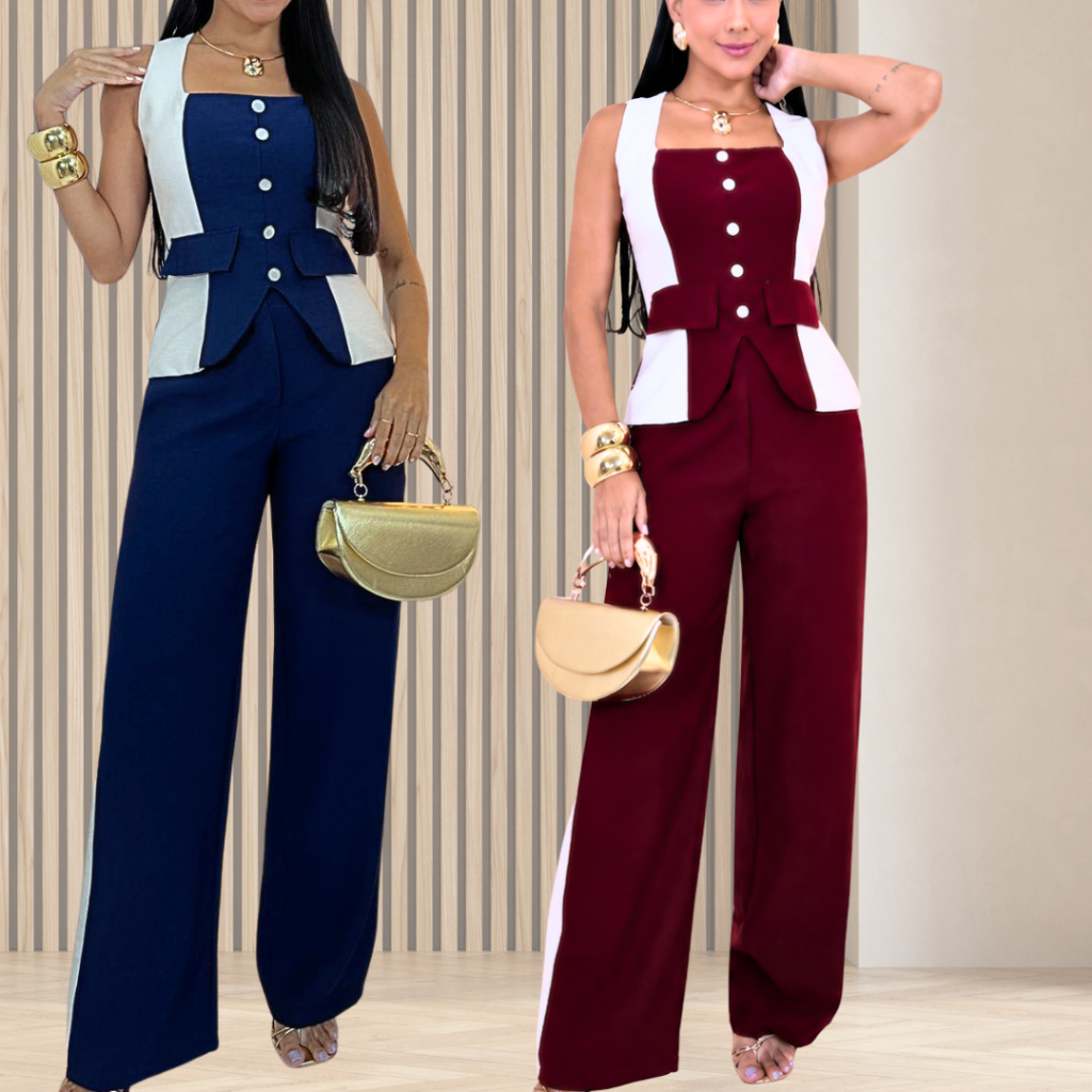 Conjunto Bicolor Feminino Conjunto Social Elegante Calça Pantalona Wide Leg Moda Executiva Com Zíper Nas Costas