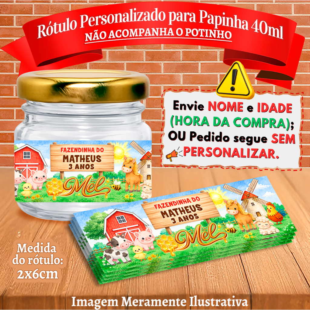 Rótulos adesivos Animais da Fazendinha Mel Personalizados para papinha 40ml 40g