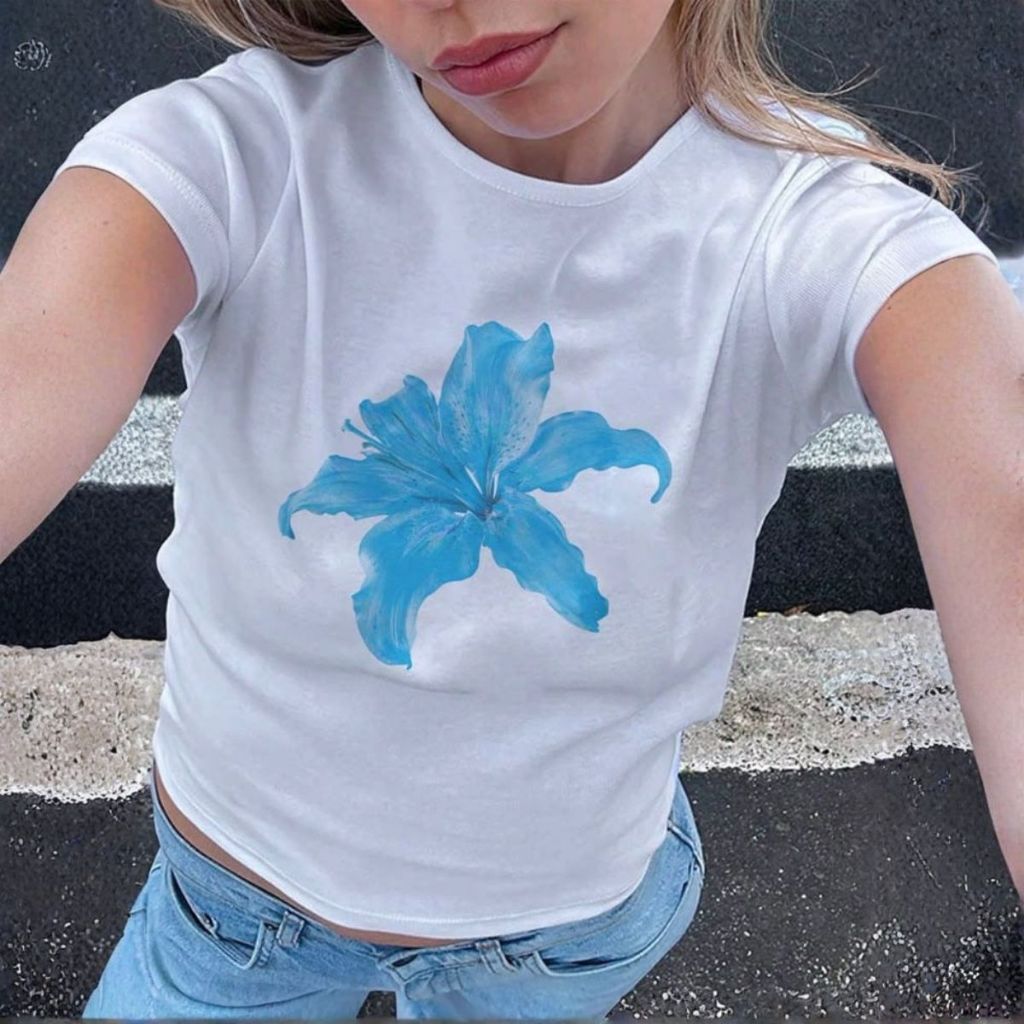 Cropped Slim Feminino Blusinha e Verão Com Estampa Floral Summer Girl Vintage Casual