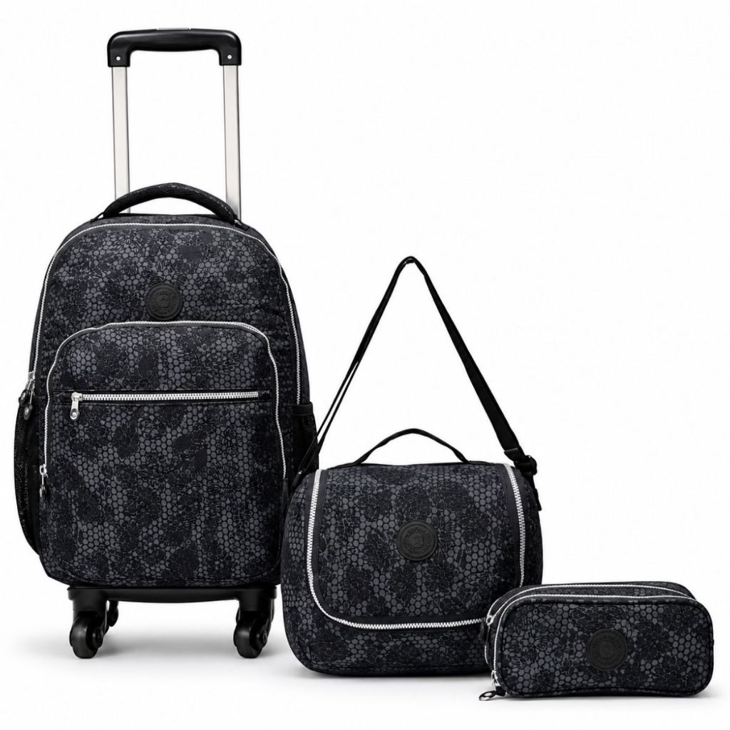 Kit Mochila Escolar Rodinhas 360° Femenina Grande Estampada
