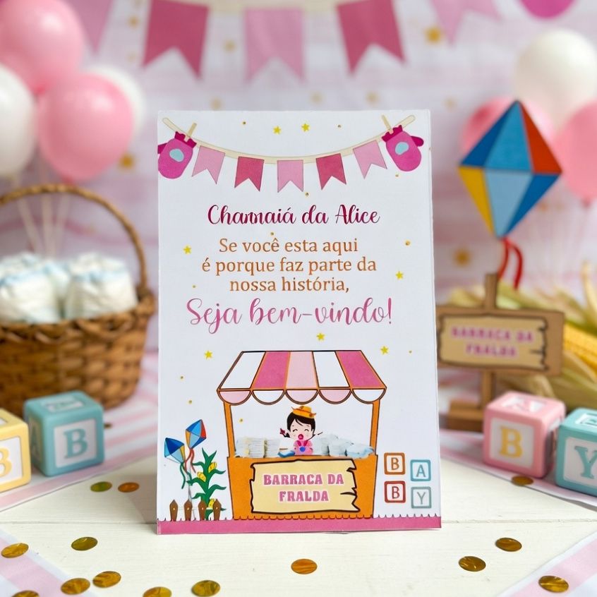 Detalhes do Centro de mesa personalizado decoração de mesa charraia chá de bebe menina arraial festa junina