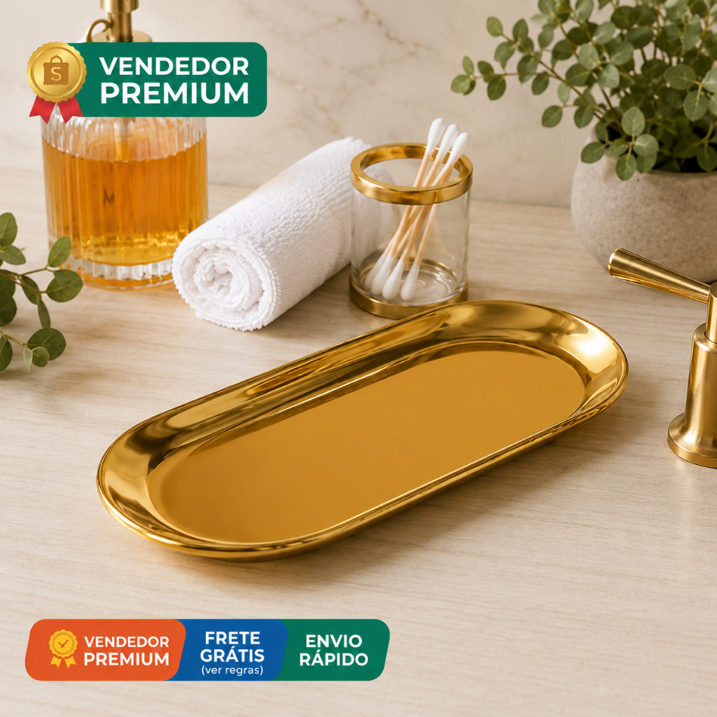Kit Bandeja Oval Dourada Espelhada Aço Inox Banheiro Lavabo Cozinha Decoração Luxo Petisco Entrada