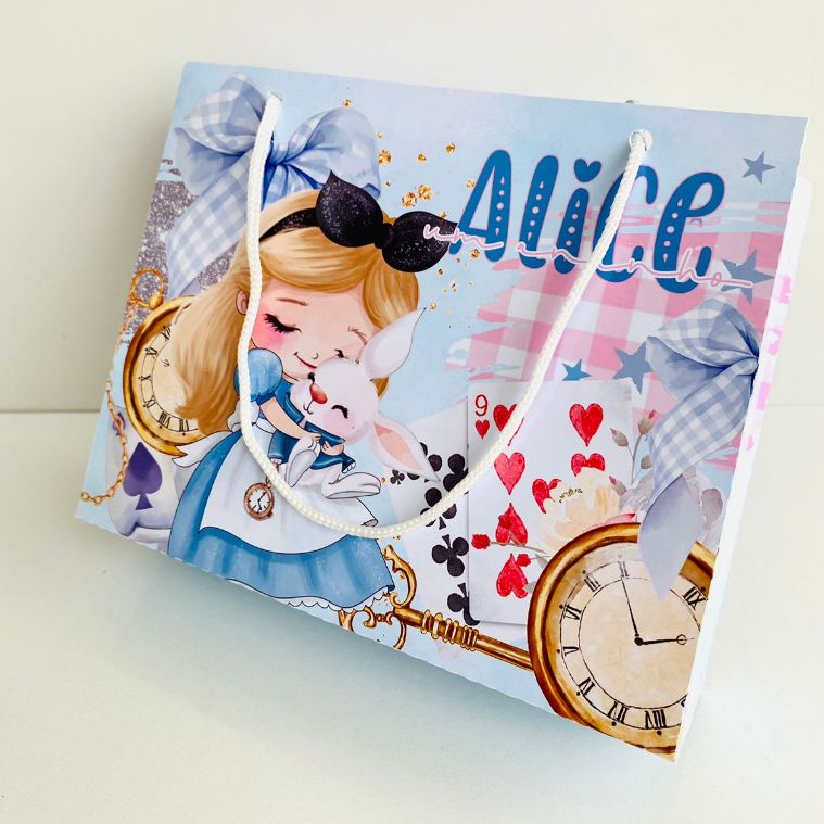 Sacolinhas Personalizadas PEGUE E MONTE tema ALICE NO PAIS DAS MARAVILHAS modelo RETA HORIZONTAL ~ lembrancinhas ~ mimos