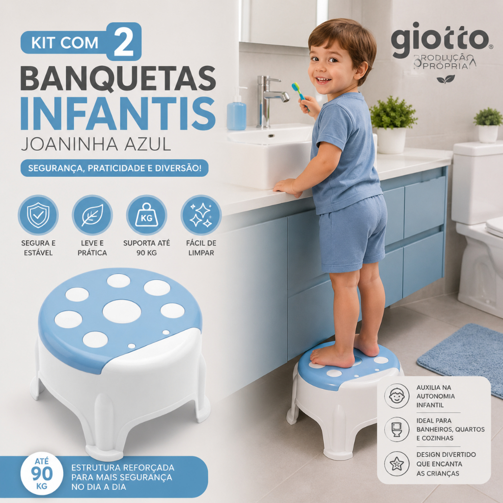 Kit 2 Banquinho Infantil Banco menina Reforçado Empilhável Azul Criança Banqueta Até 90kg