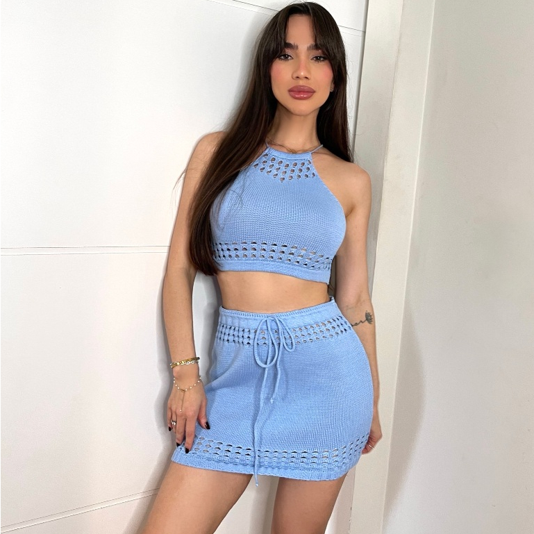 Conjunto Saída de Praia Saia e Top Tricot Premium Moda Praia