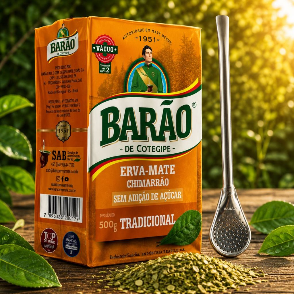 KIT CHIMARRAO Erva Mate Barao a Vacuo Tradicional 500g + Bomba Clássica 17cm Luxo