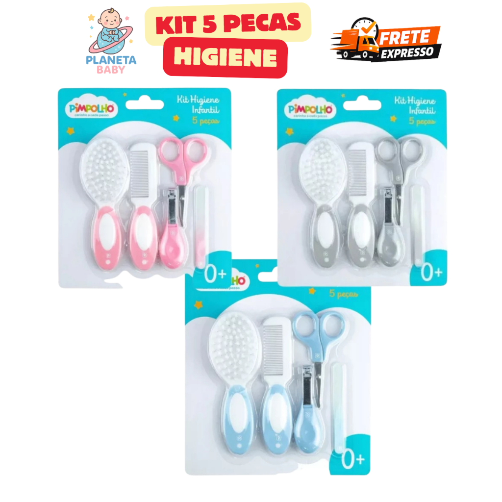 Kit Higiene 5 Peças Pimpolho Unha Cortador Pente Escova Cabelo Menino Menina Bebe