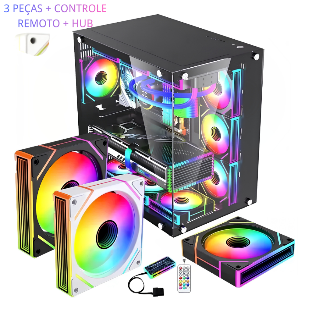 Kit Ventoinhas ARGB 3 Peças 120mm 39 CFM com 3 Ventoinhas + Hub + Controle Remoto Inclusos