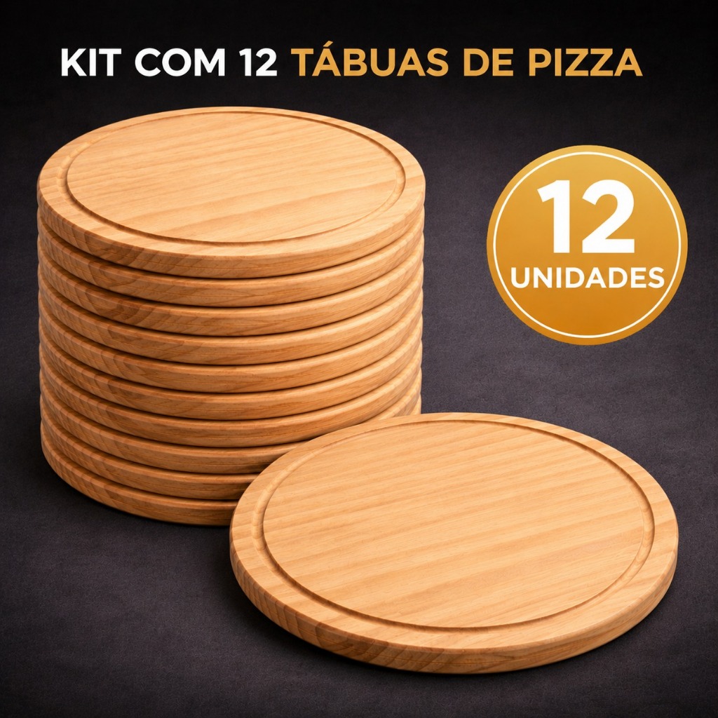 Kit 12 Tábuas Redondas Bolacha de Madeira para Servir Pizza 22cm Frios Petiscos Carne Premium