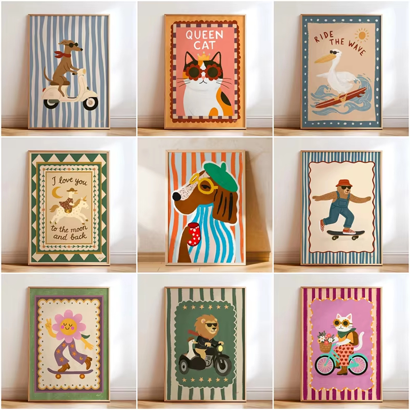 Quadro Decorativo Infantil Animais Fofos Estilo Retrô Vintage Decoração Quarto Bebê Menino Menina