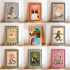 Quadro Decorativo Infantil Animais Fofos Estilo Retrô Vintage Decoração Quarto Bebê Menino Menina