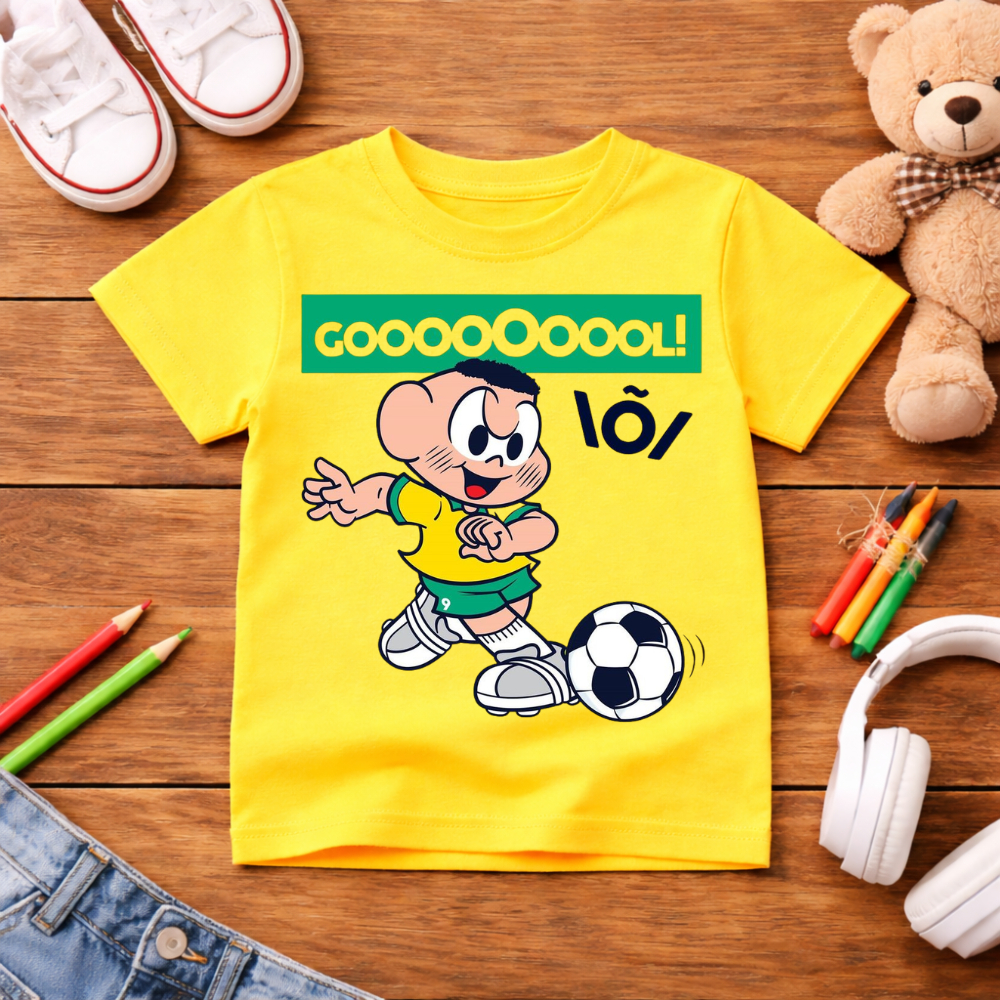 Camisa camiseta infantil Brasil menino Cascão Jogando Bola Cascão brasileiro turma da monica 100% Algodão