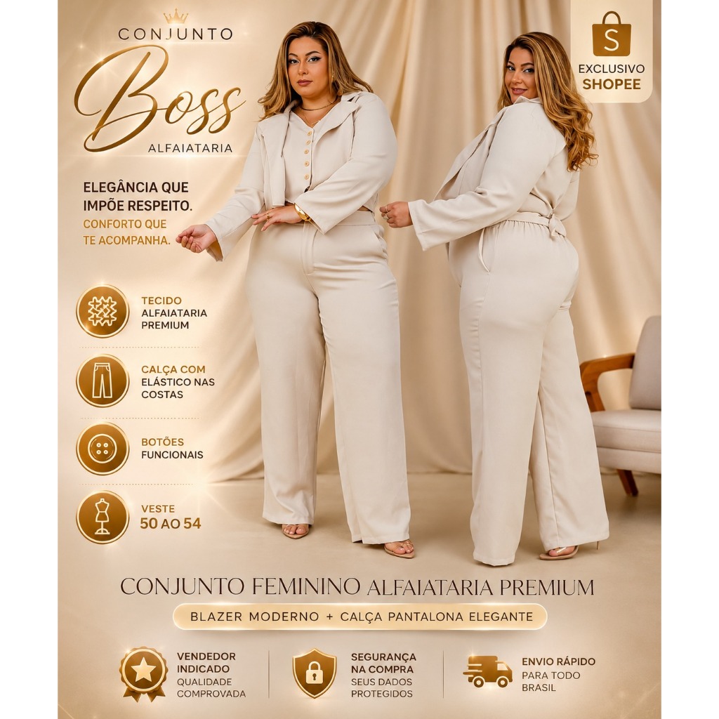 Conjunto Plus Size Feminino Alfaiataria Premium – Blazer Moderno + Calça Pantalona Elegante