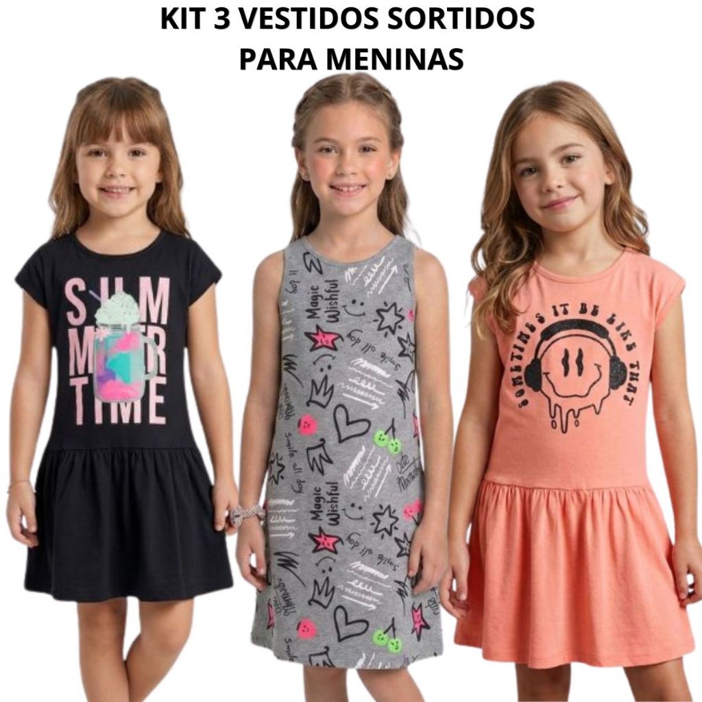 Kit 3 Vestido Infantil Menina Verão Estampados 100% Algodão - Kit Sortido Tamanho 4 ao 14