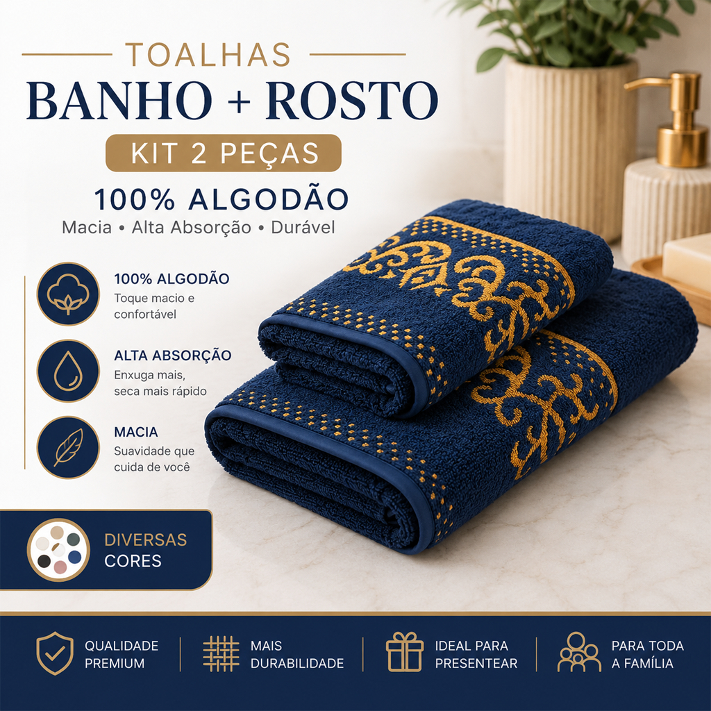 Toalhas Banho E Rosto Kit 2 Peças 100% Algodão Macia Alta Absorção