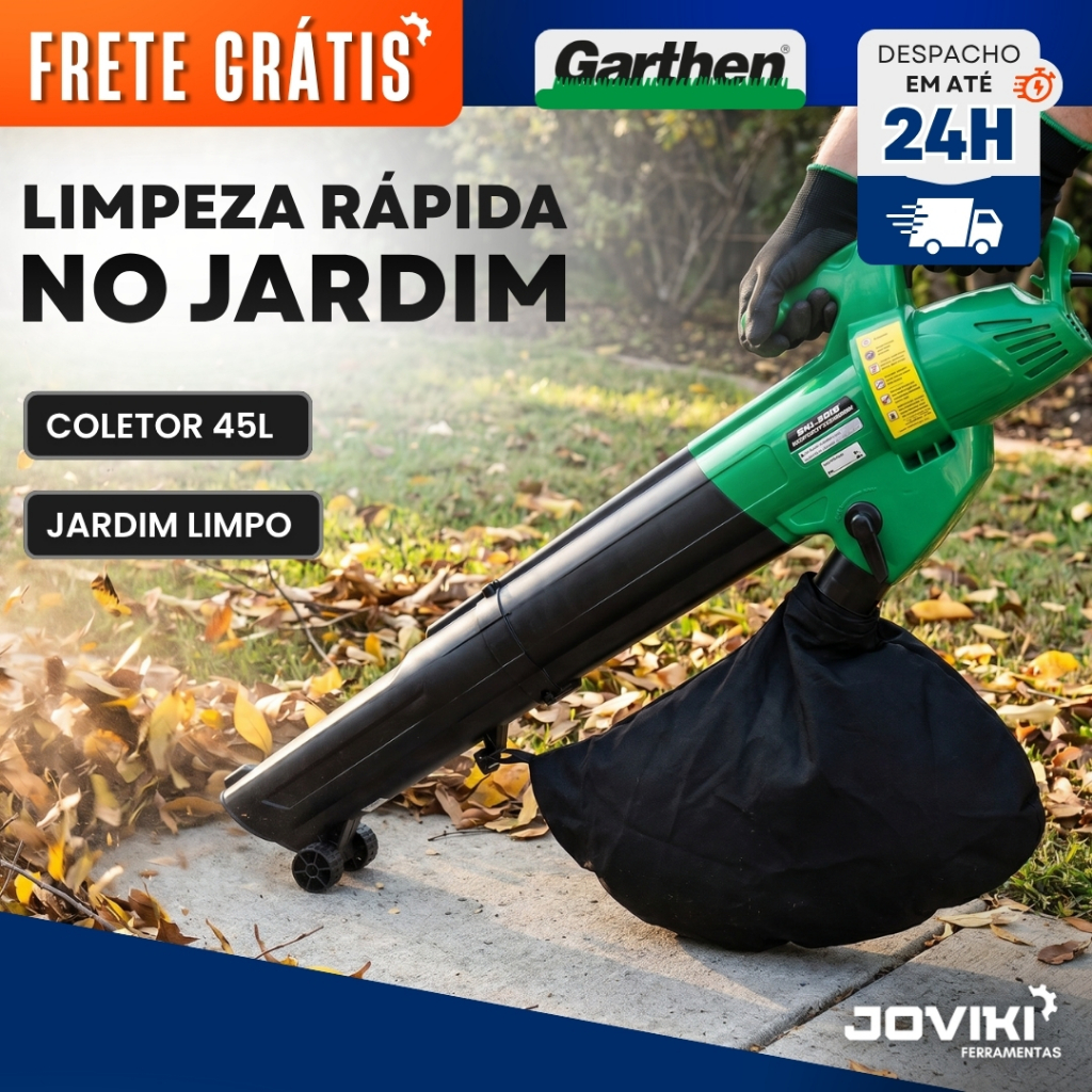 Soprador Sugador e Aspirador de Folhas com Saco Recolhedor 45L Elétrico para Quintal - Garthen