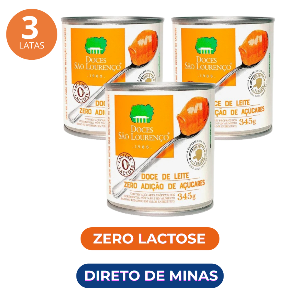 Kit 3 Latas Doce de Leite Zero Lactose Zero Açúcar Diet 345g Cremoso Doces São Lourenço Promoção Atacado