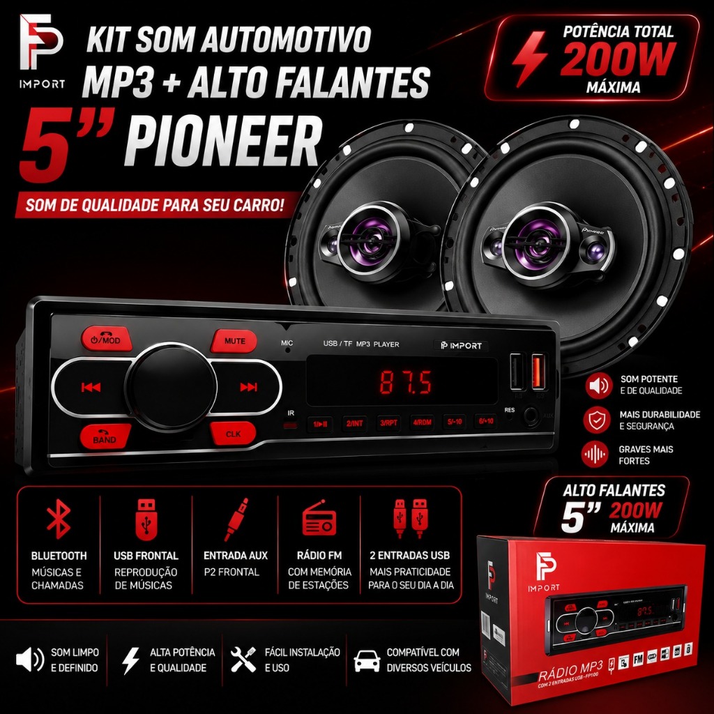 Kit Som Automotivo Rádio MP3 Universal USB FM + Par Alto Falante 5 Polegadas