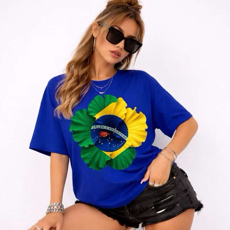 Camiseta Feminina Brasil Bandeira em Flor Blusinha Copa do Mundo 2026 Camisa 100% Algodão Orgulho Brasileiro