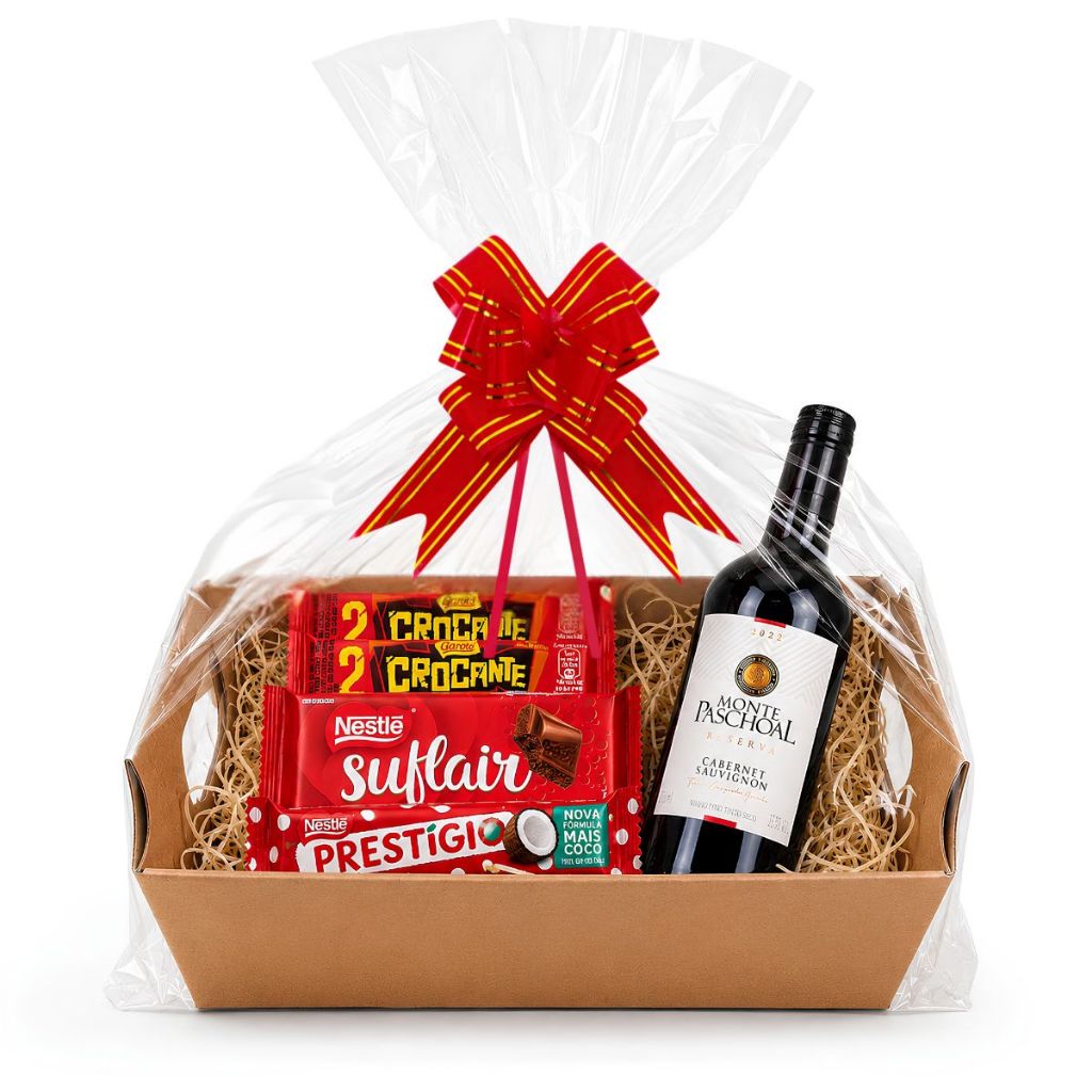 Cesta Presente Com Vinho 250ML Chocolates Suflair Crocante e Prestígio Dia Dos Namorados