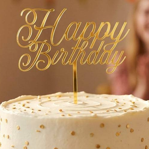 Kit 10 Topos de Bolo em Acrílico Espelhado Happy Birthday ou Feliz Aniversário Dourado Rosê Azul Prata
