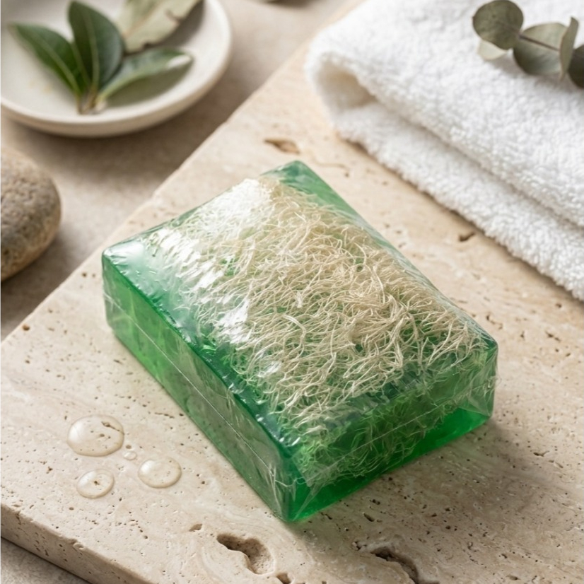 Kit 2 Sabonetes Artesanais Com Bucha Vegetal Natural 6cm Esfoliante Corporal Pele Macia