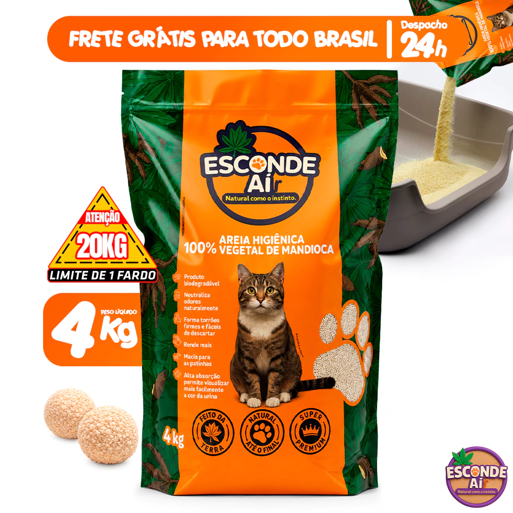 Areia Higiênica de Mandioca Biodegradável Esconde Aí 4KG a 16KG Granulado Sanitário de Gato Natural