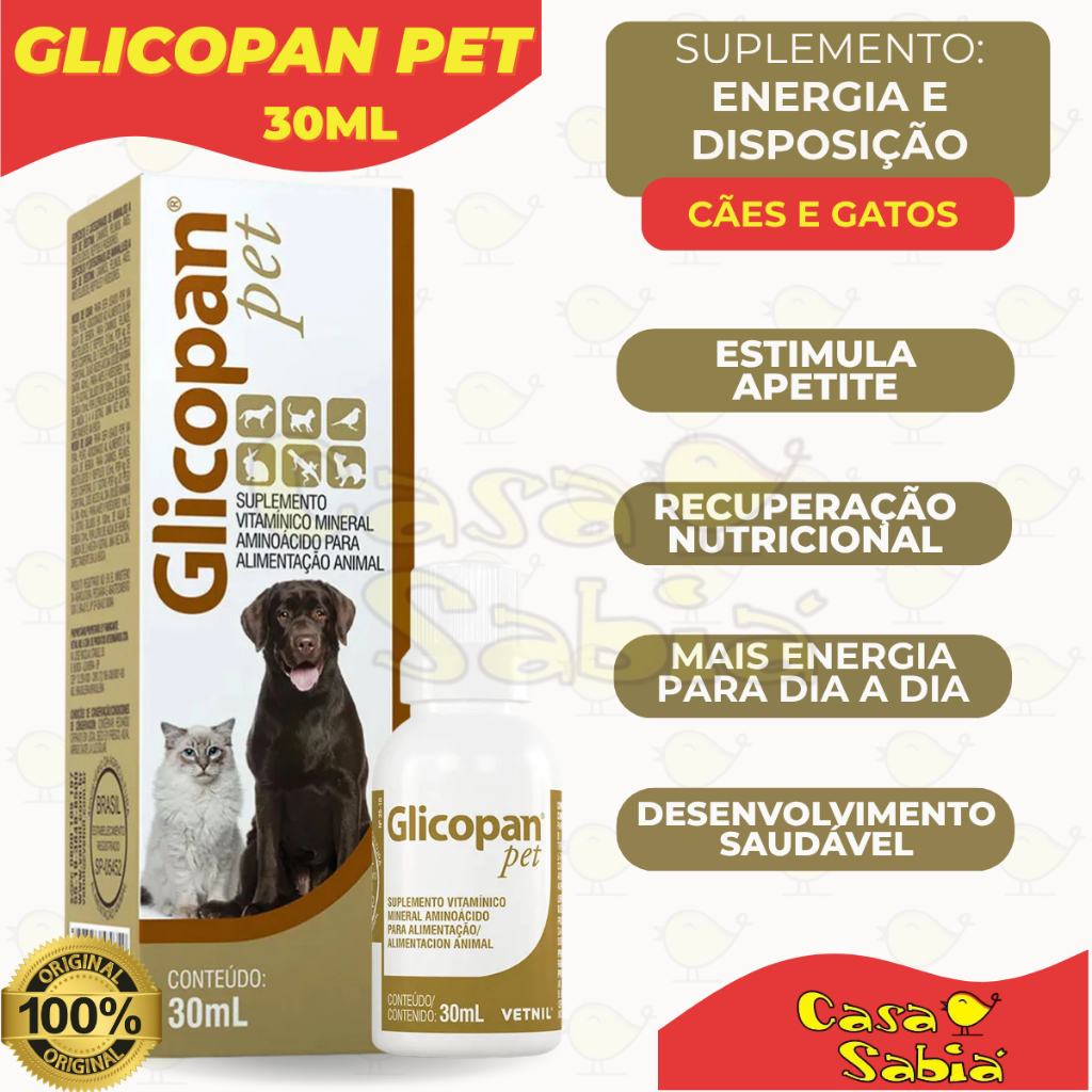 Suplemento Glicopan Pet 30ml Original Vetnil - Cães, Gatos, Aves, Roedores e Répteis - Energia
