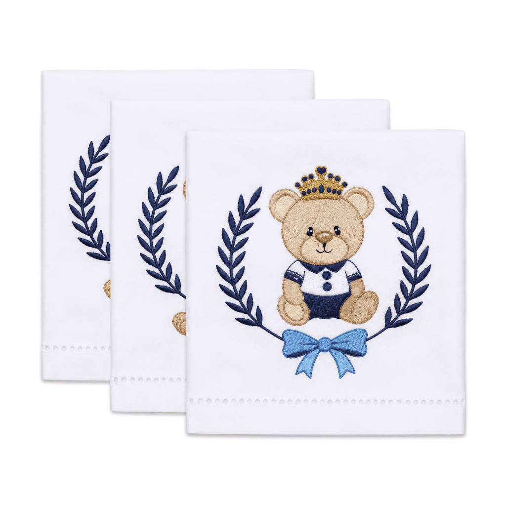 Kit 3 Toalhas de Boca Bordadas Ursinho Príncipe com Coroa e Ramos 34x40 cm 100% Algodão