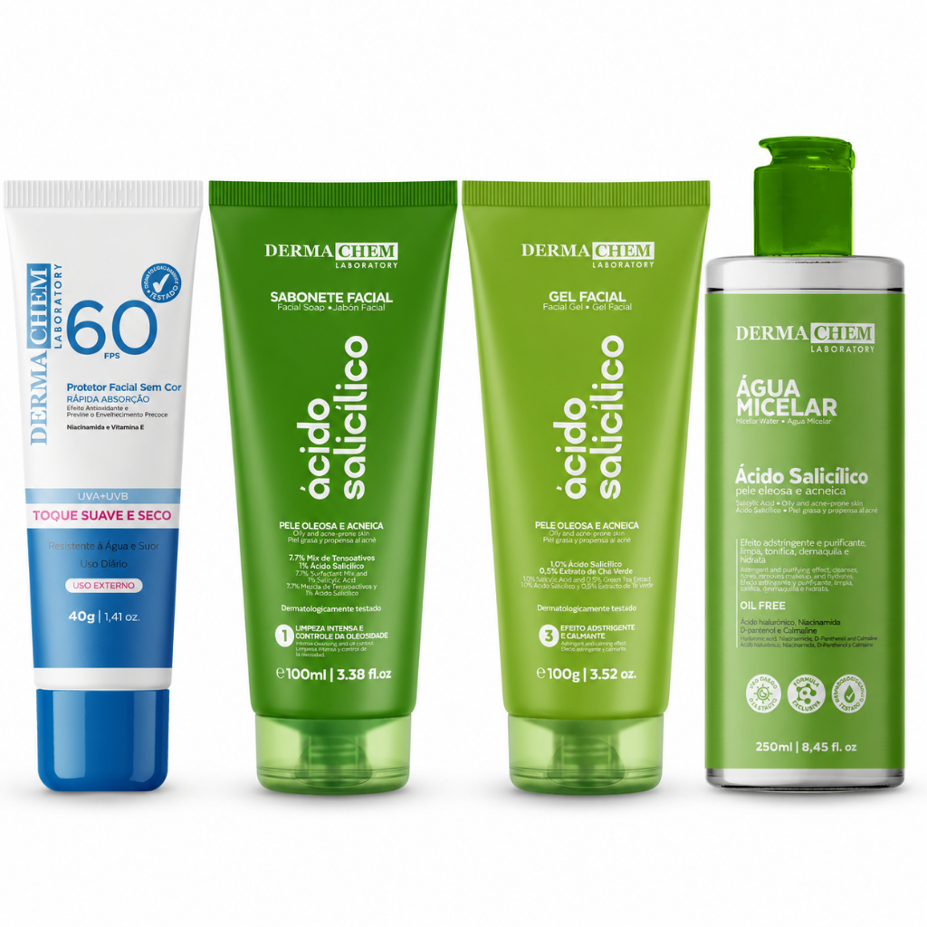 Kit Antiacne Ácido Salicílico Dermachem Pele Oleosa Espinhas Cravos Protetor FPS 60