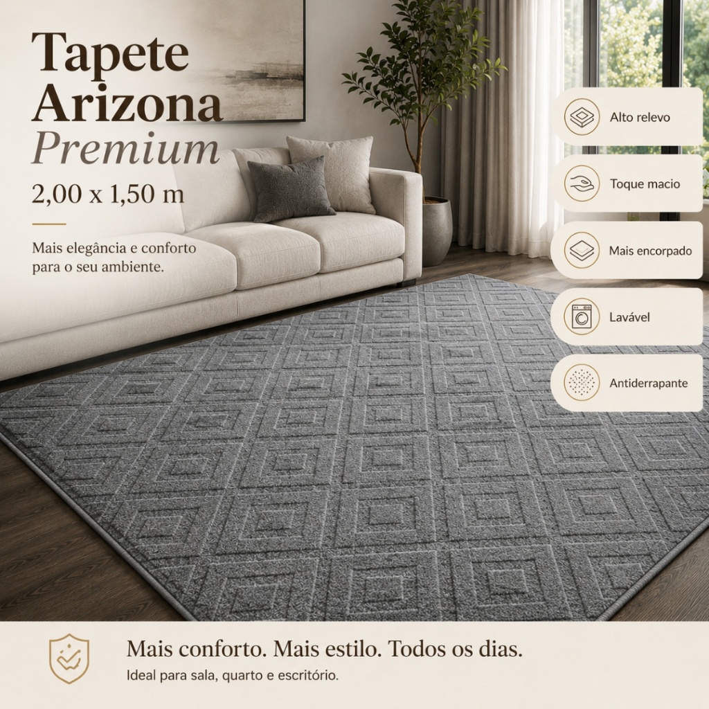 Tapete Sala 2,00x1,50 Geométrico Alto Relevo Premium Macio Antiderrapante Quarto Escritório Cinza