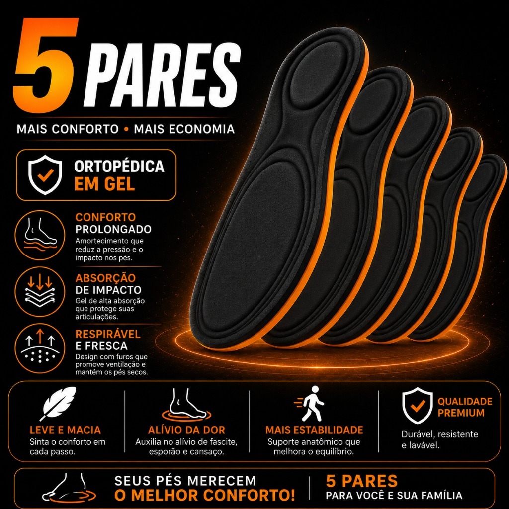 Kit 5 Pares Palmilhas Gel Ortopedica Anatomica Anti Impacto