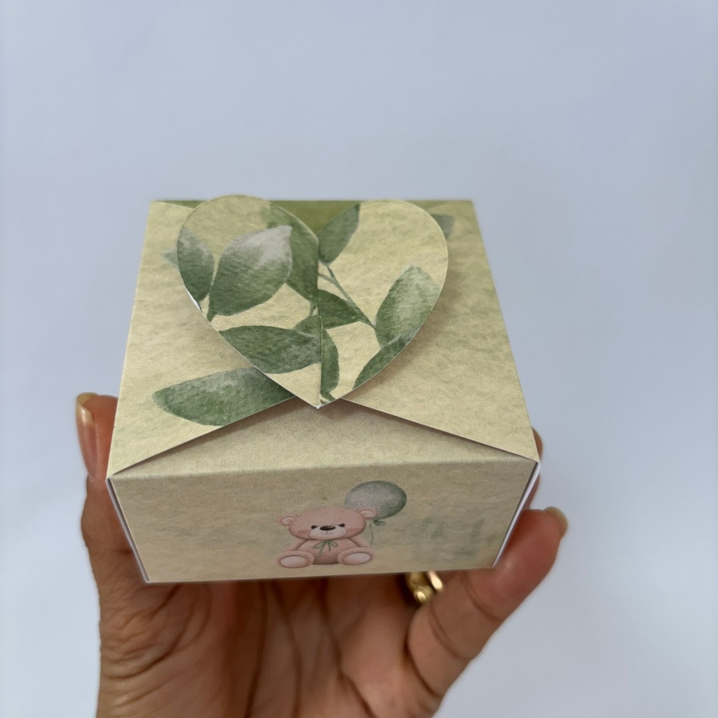 Caixa Ursinho, Urso, Verde Oliva, Chá de Fraldas, Revelação Caixinha e Lembrancinhas 7x7x4cm | Fácil Montagem