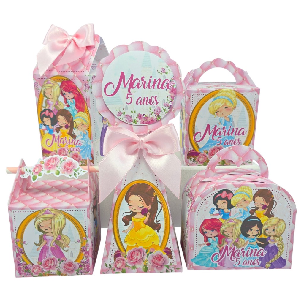 Kit festa PRINCESAS Cute Lembrancinha Personalizada Pegue e Monte Caixa Milk Piramide Maleta Canudo e cubo com alç