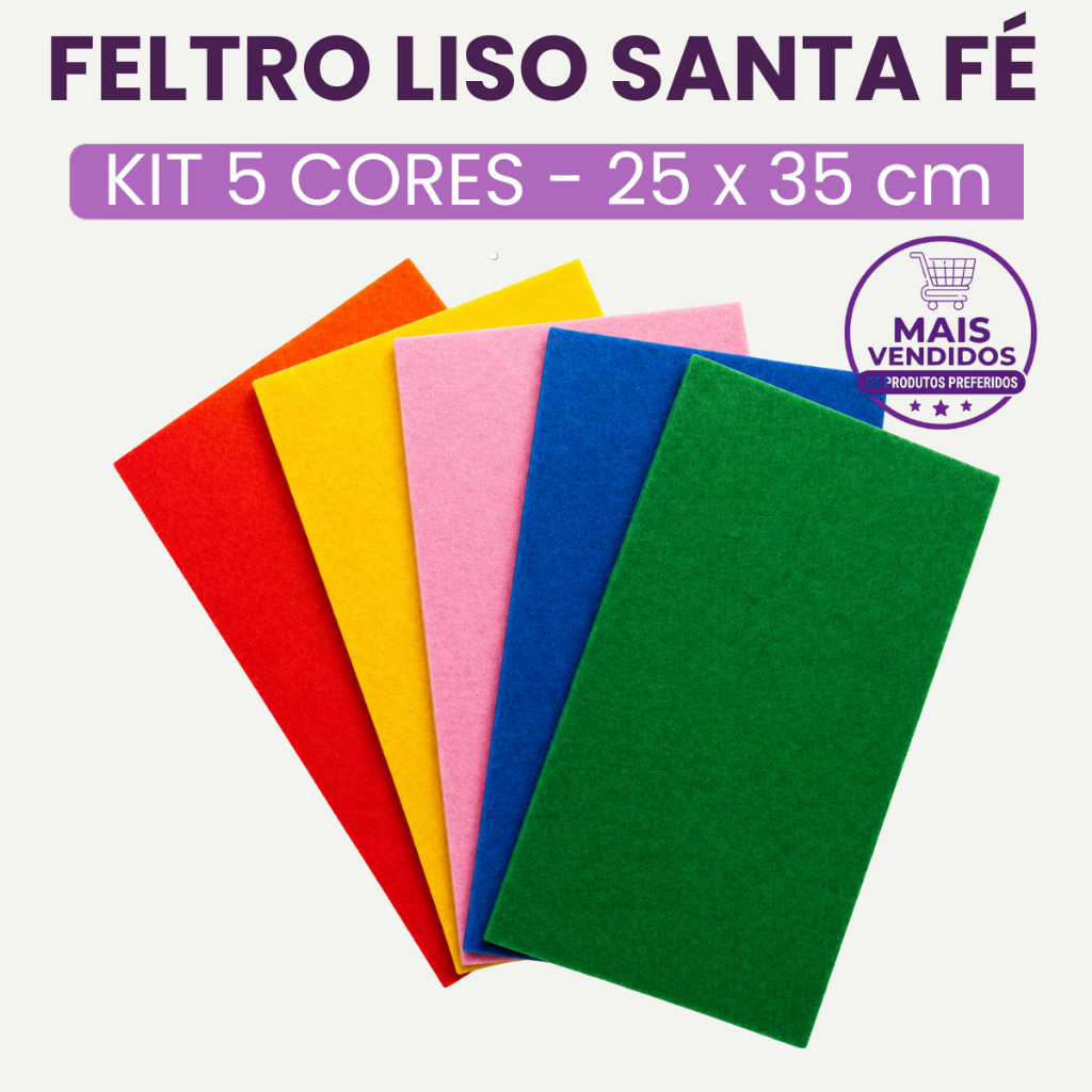 Kit Feltro Liso Santa Fé 25x35cm ou 50x70cm | KIT 5 cores | Retalho tecido Artesanato Decoração DIY