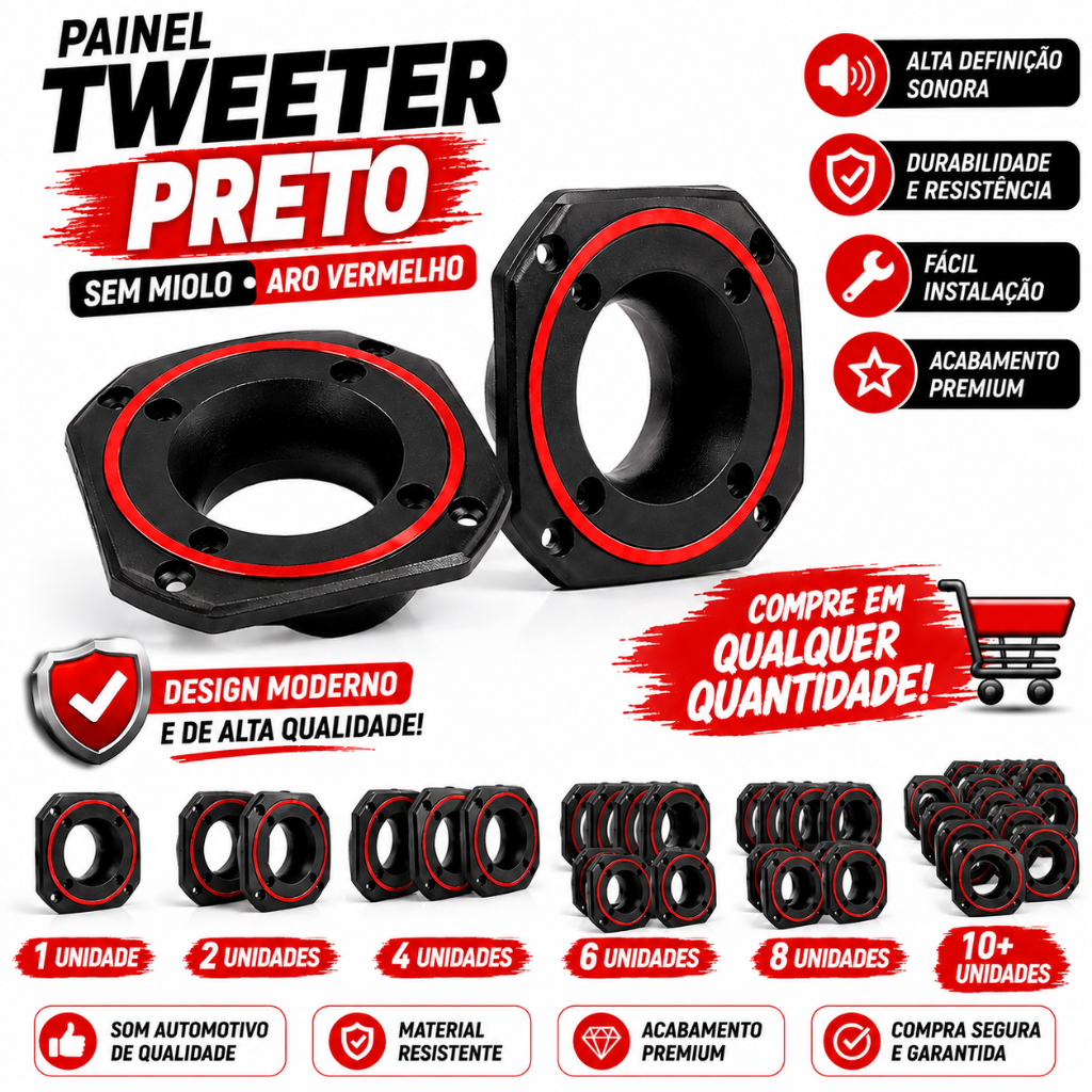 Painel Tweeter Zetta Tiger Preto Som Automotivo Sem Miolo Aro Vermelho