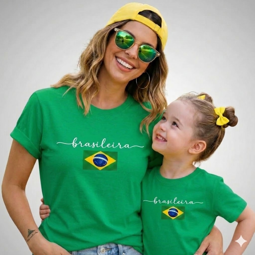 Camisetas do Brasil Mãe e Filha Brasileira Verde Blusa do Brasil em Algodão Premium Torcedora