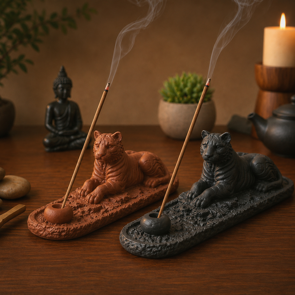 Imagem Porta Incenso Incensário Tigre Decoração Zen Yoga Meditação Aromaterapia Cascata Fumaça Cores Kit