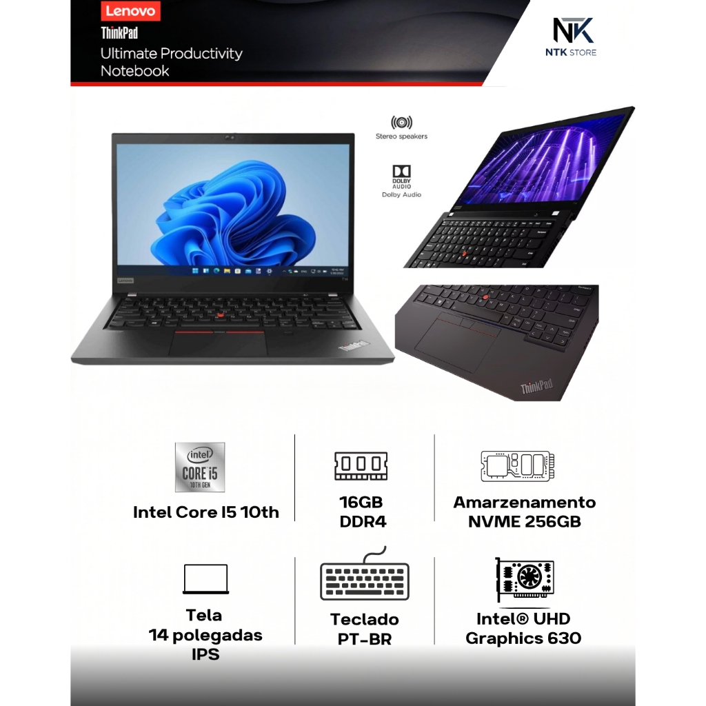Notebook Lenovo ThinkPad T14 Intel Core i5 10th /16gb ram / 256gb ssd /Tela 14"FHD