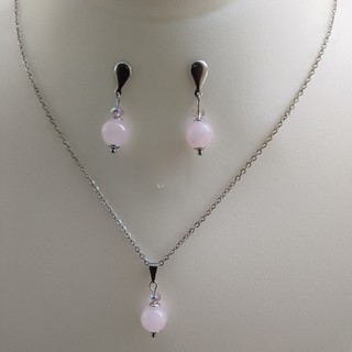 Conjunto Colar e Brinco Feminino Quartzo Rosa Natural Aço Inox Antialérgico Delicado 45cm
