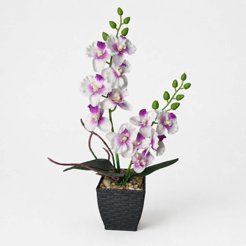 Orquídea Artificial Decorativa Lilás 35cm Em Vaso Preto Para Mesa E Ambiente