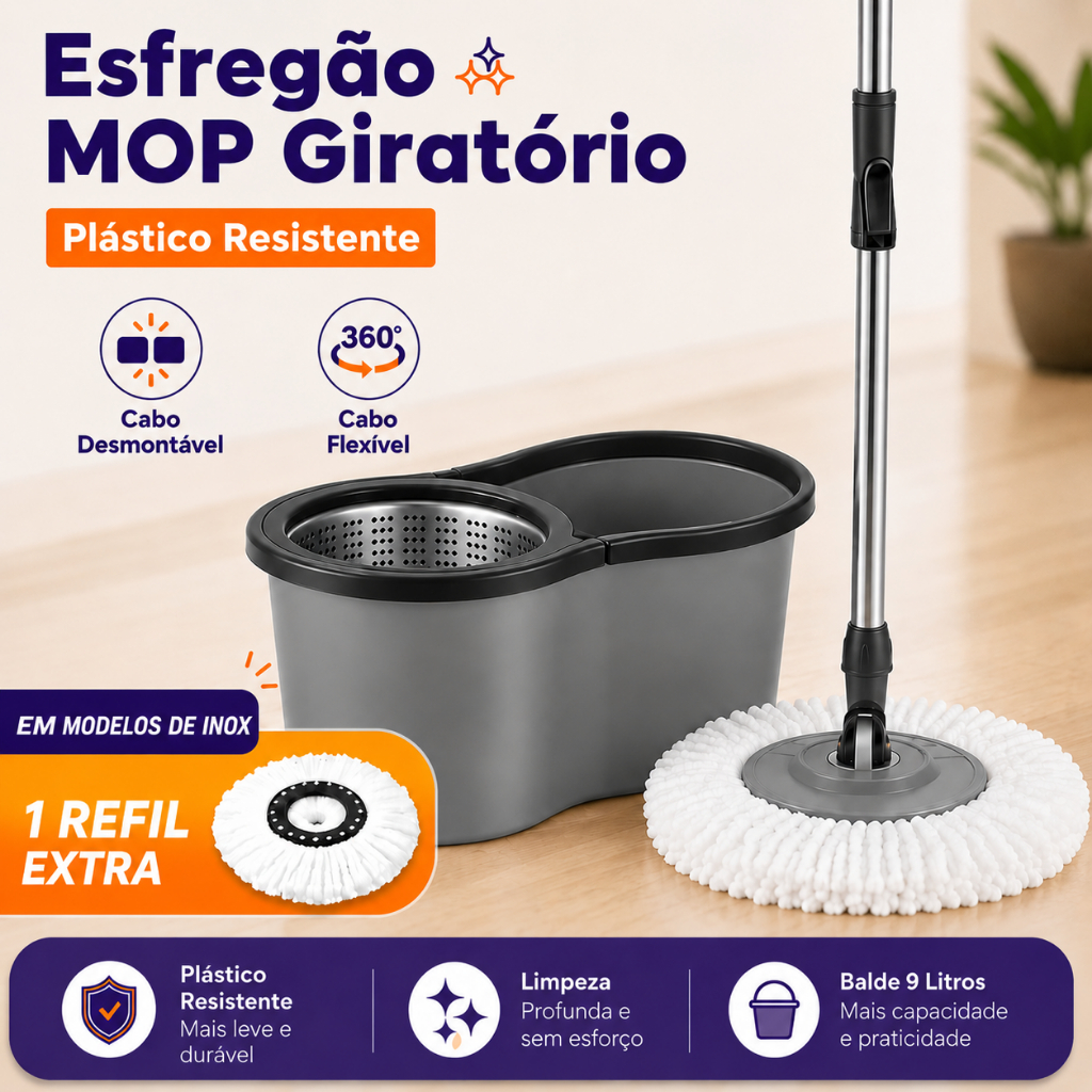 Mop Giratório 360° Esfregão Multiuso 9 litros Com Centrífuga Balde Alça Cabo Reforçado Microfibra Cesto Inox Ou Plástico