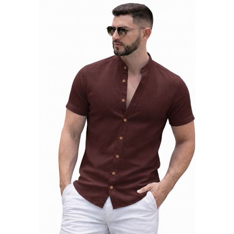 Camisa Masculina Gola Padre em Linho Premium – Manga Curta, Estilo Impecável e Conforto Absoluto