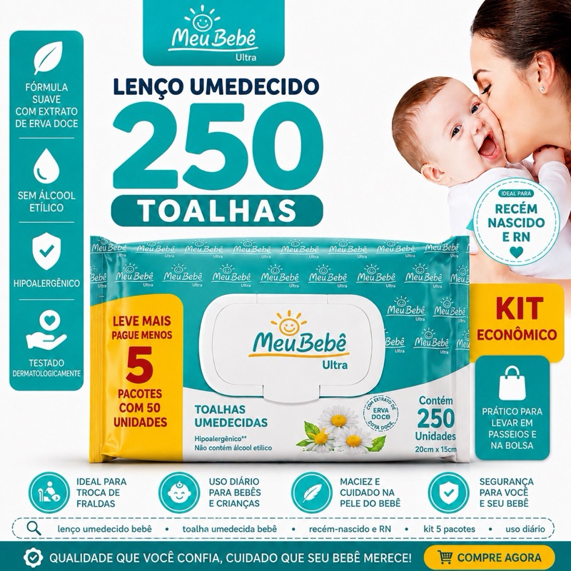 lenço umedecido bebê recém nascido 250 toalhas ultra meu bebê