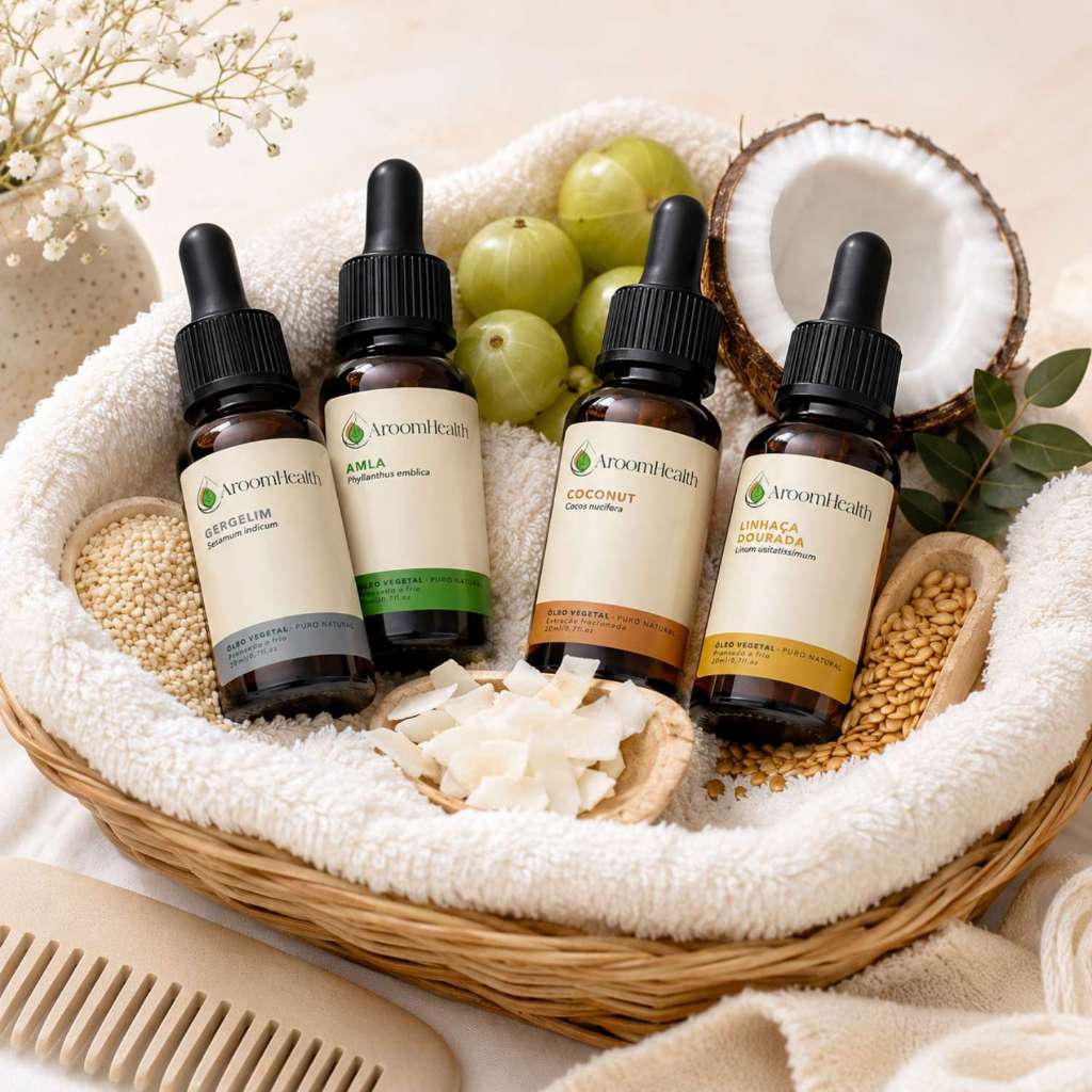 Kit de óleos vegetais puro natural – Gergelim, Amla, Coconut e Linhaça Dourada – 20 ml cada